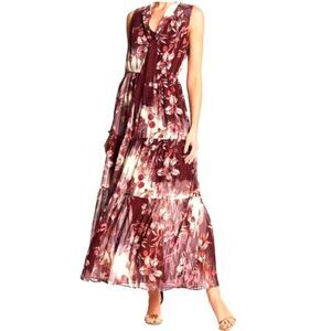 Eci Women's Dark floral boho sleeveless V Neck Tiered Maxi Dress sz 8 Whimsigoth